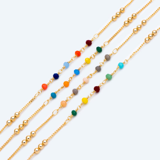 Glass Rondelle Bead Chain 3.5mm, 18K Gold plated on Brass Beaded Chains, Mix Color Rainbow Crystal Chain (#LK-442)/ 1 Meter=3.3ft