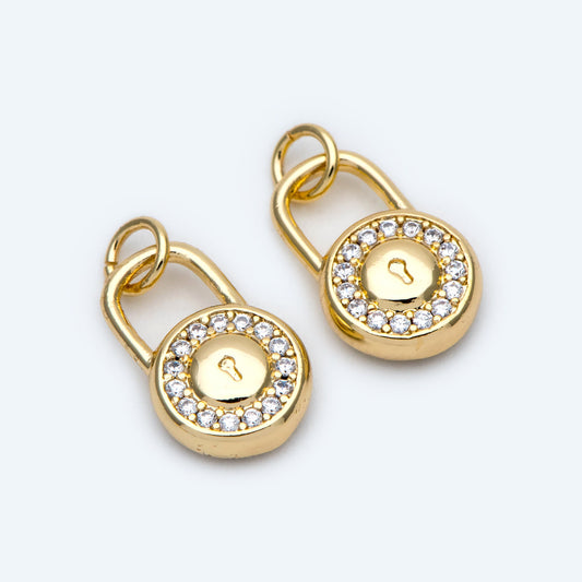 4pcs CZ Pave Gold Lock Charm, Padlock charm 16x10mm, Real Gold plated Brass (GB-751-E)