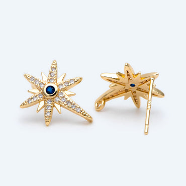 4pcs CZ Pave North Star Ear Posts with Loops,25x11mm, Real Gold Plated Brass Star Stud Earrings (#GB-1687)