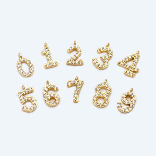Gold Number Charms, CZ Pave Number Charms, Mini Tiny Charms 9-10mm Tall, Anniversary Birthday Number Beads (GB-1652)