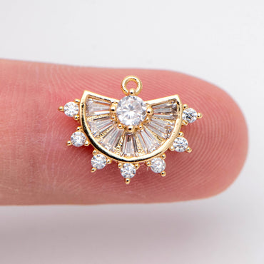 4pcs CZ Pave Gold Fan Shaped Charm 12x15mm, Earring Findings, Jewelry Making, Diy Material, Jewelry Supplies (GB-853-G)