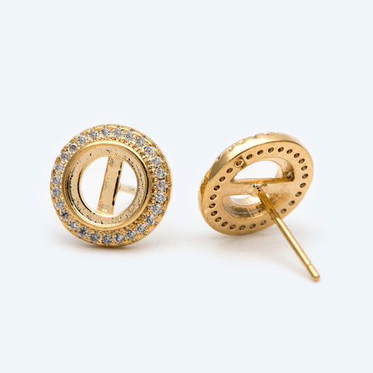 10pcs CZ Pave Round Stud Earrings 11mm, 18K Gold Plated Brass (#GB-1757)