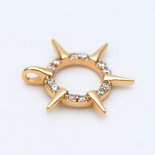 4pcs Gold CZ Spike Circle Charm 16x14mm, Real Gold plated Brass, Jewelry Supply (GB-1311-D)