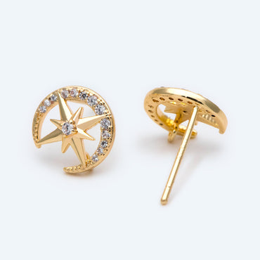 10pcs CZ Pave Moon and North Star Earring with Loop, 10mm, Real Gold Plated Brass Stud Earrings (#GB-1694)