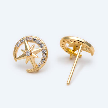 4pcs CZ Pave Moon and North Star Earring with Loop, 10mm, Real Gold Plated Brass Stud Earrings (#GB-311-J)
