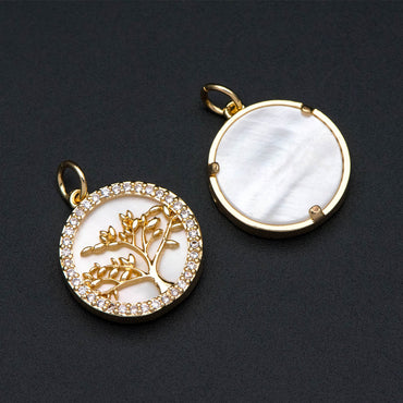 4pcs CZ Pave Gold Life Tree Charm, Shell Disc Coin Pendants 16mm, 18K Gold plated Brass(GB-1701)