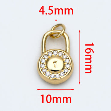 4pcs CZ Pave Gold Lock Charm, Padlock charm 16x10mm, Real Gold plated Brass (GB-751-E)