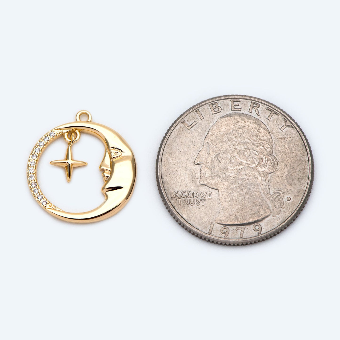 4pcs CZ Pave Gold Round Moon Star Charms 18.5x17mm, Jewelry Making, Diy Material, Jewelry Supplies (GB-2433-G)