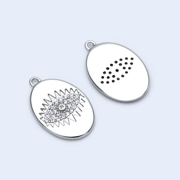4pcs CZ Pave Silver tone Oval Evil Eye Charm 15.5x10mm, Rhodium plated brass, Evil Eye Pendants (GB-4085-I)