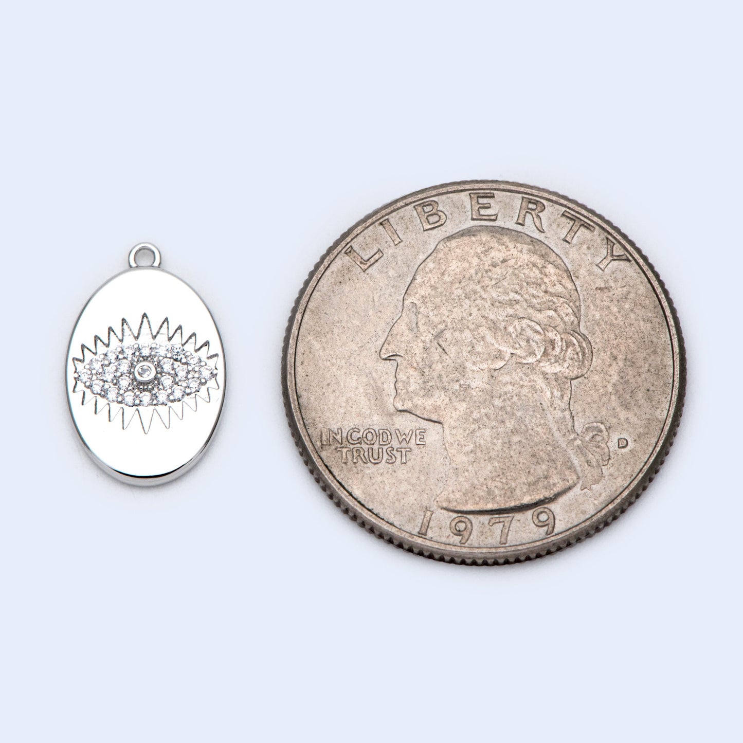 4pcs CZ Pave Silver tone Oval Evil Eye Charm 15.5x10mm, Rhodium plated brass, Evil Eye Pendants (GB-4085-I)