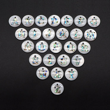 Abalone Shell Alphabet Charms, English Letter Beads, Round Disc Coin Pendant, Personalized Initial Charms, You Choose Letter (V1372)