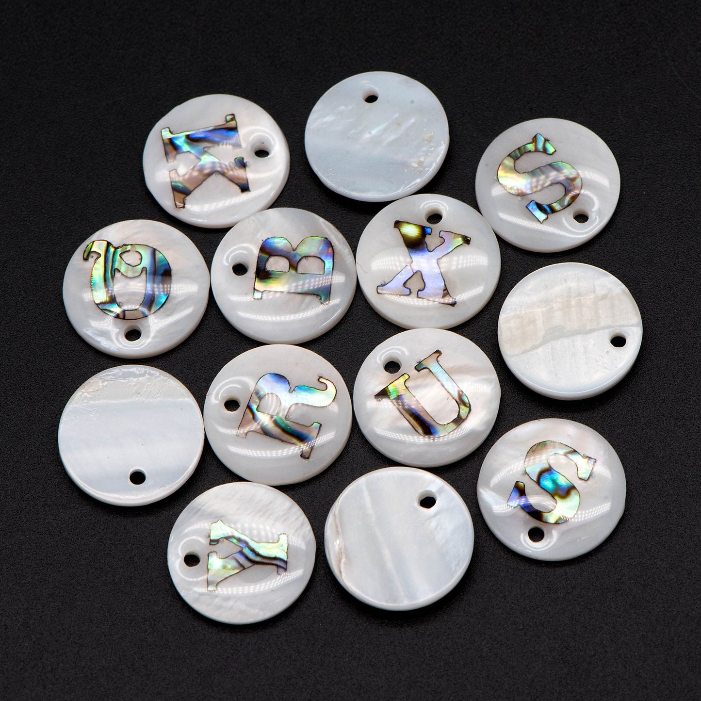 Abalone Shell Alphabet Charms, English Letter Beads, Round Disc Coin Pendant, Personalized Initial Charms, You Choose Letter (V1372)