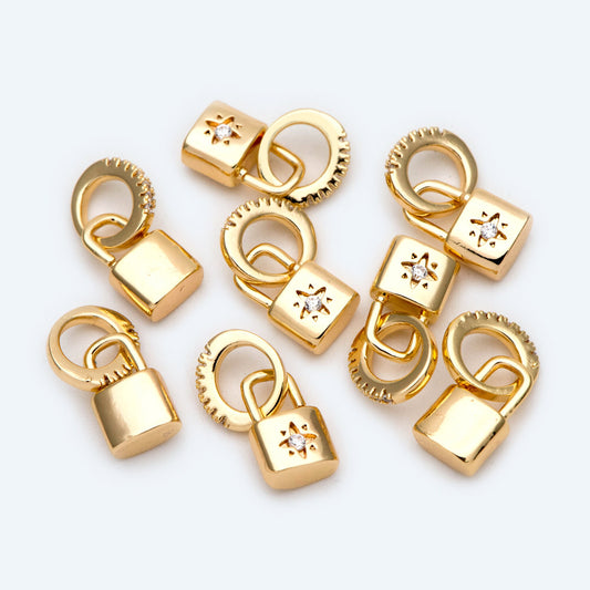 4pcs CZ Pave Gold/ Silver Tone Lock Charm, Padlock charm 17x9mm, Real Gold/ Rhodium plated Brass (GB-751-D)