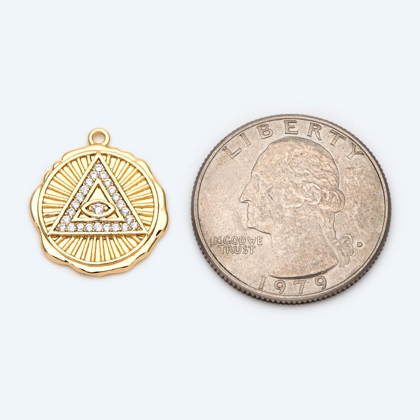 4pcs CZ Pave Gold/ Silver Tone Triangle Evil eye Charm 17mm, Real Gold plated Brass, Round Coin Disk Pendants (GB-4085-G)