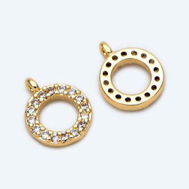 4pcs CZ Pave Gold Circle Charm 7x9mm, 18K Real Gold plated Brass, Mini Round Ring Pendants (GB-376-J)