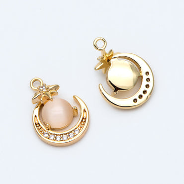 4pcs CZ Pave Gold Round Moon Star Charms, Jewelry Making, Diy Material, Jewelry Supplies (GB-2433-B)