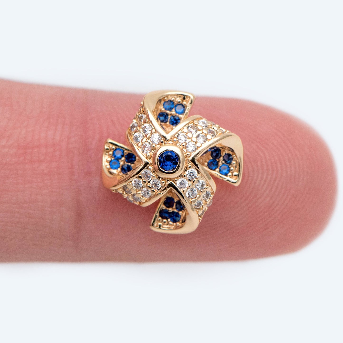 4pcs Blue CZ Pave Gold Windmill Charm, Real Gold plated Brass, Jewelry Supply (GB-1866)