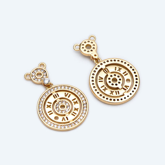 4pcs CZ pave Gold ClockCharms, 18K Gold plated Brass, Clock Pendant Connectors (GB-1879)
