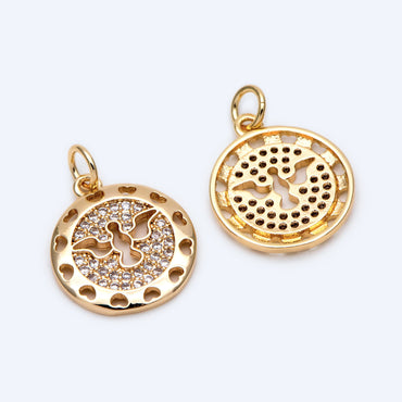 4pcs CZ Pave Gold Peace Dove Charm 15mm, Real Gold plated Brass, Round Bird Pendants (GB-1480-D)