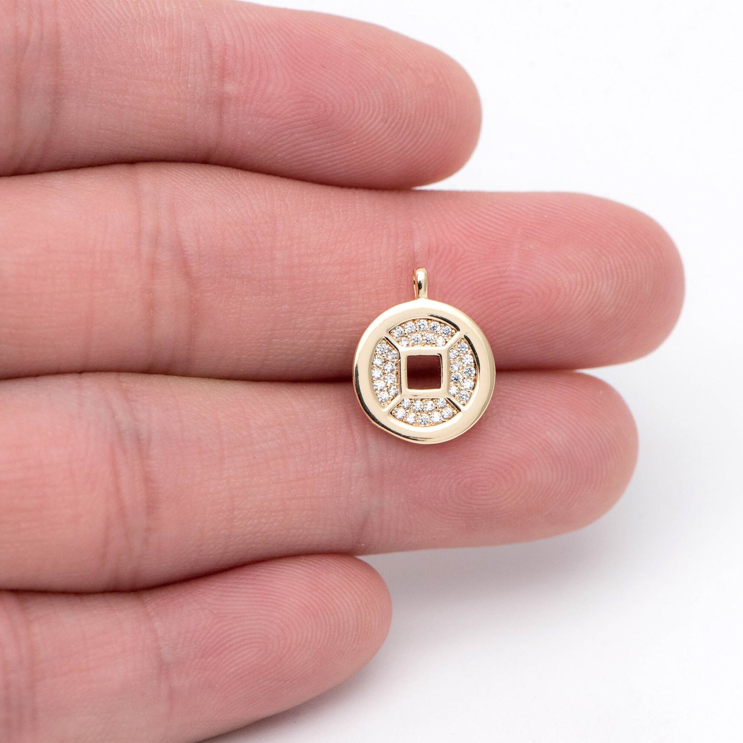 4pcs CZ Pave Gold Chinese Coin Charm 12mm, Real Gold plated Brass, Round Coin Disk Pendants (GB-3464-F)