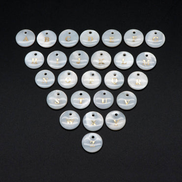 Shell Alphabet Charms, English Letter Beads, Round Coin Disc Letter Pendant, Personalized Initial Charms, You Choose Letter (V1371)