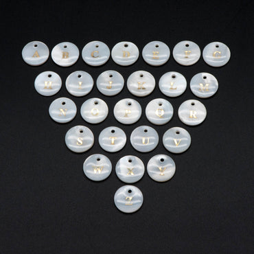 Shell Alphabet Charms, English Letter Beads, Round Coin Disc Letter Pendant, Personalized Initial Charms, You Choose Letter (V1371)