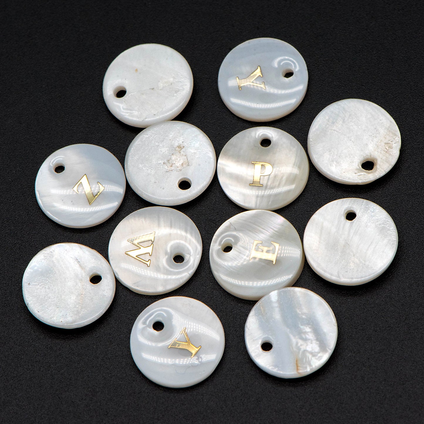 Shell Alphabet Charms, English Letter Beads, Round Coin Disc Letter Pendant, Personalized Initial Charms, You Choose Letter (V1371)