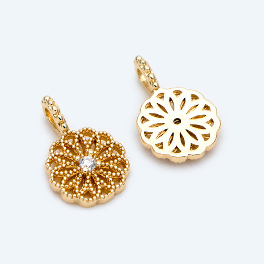 10pcs Gold/ Silver Tone CZ pave Filigree Coin Charm, Earring Findings, Jewelry Making, Diy Material, Jewelry Supplies (GB-1920)