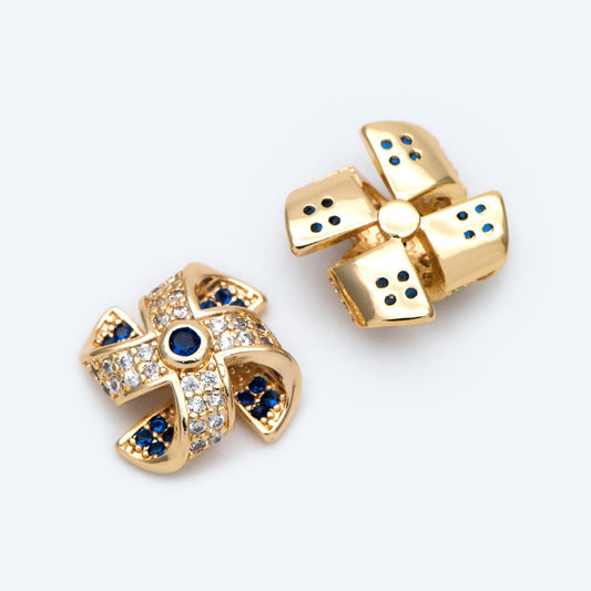 4pcs Blue CZ Pave Gold Windmill Charm, Real Gold plated Brass, Jewelry Supply (GB-1866)