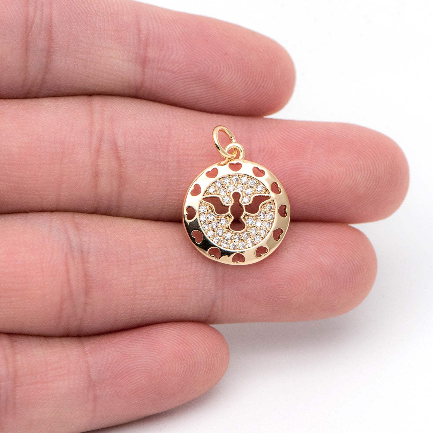 4pcs CZ Pave Gold Peace Dove Charm 15mm, Real Gold plated Brass, Round Bird Pendants (GB-1480-D)