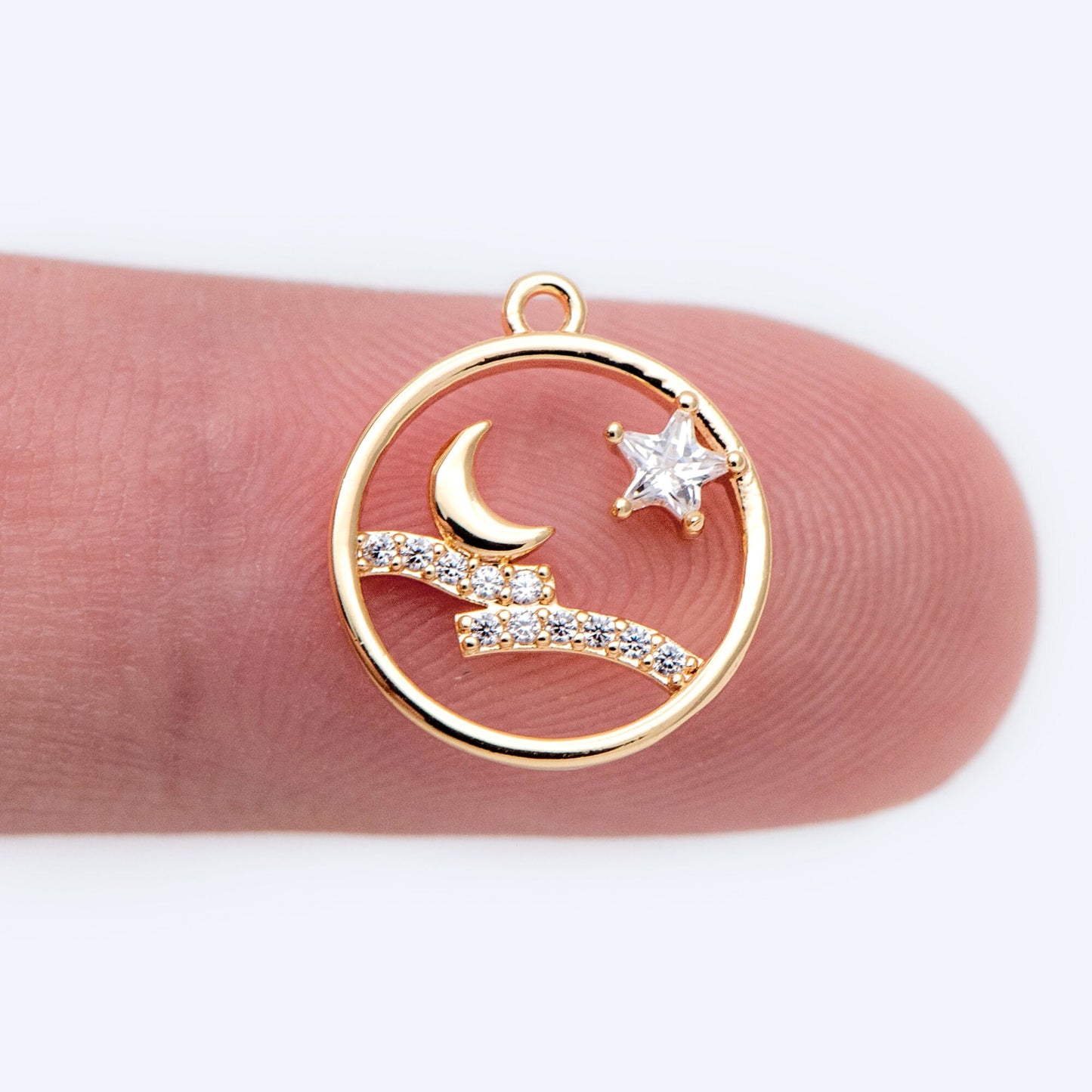 4pcs Gold Moon Charms, Gold Star Pendants 12mm, CZ Cubic Zirconia Pave Pendants (GB-2433-D)
