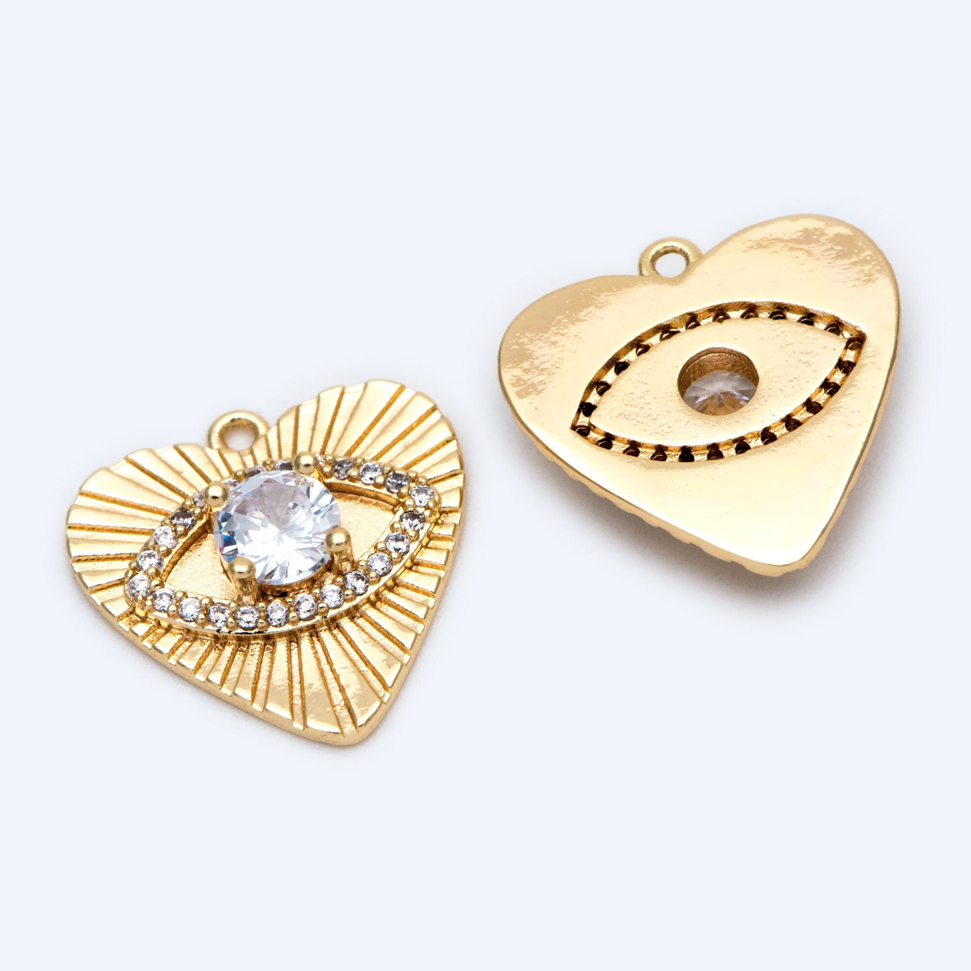 4pcs CZ paved Gold Heart Evil Eye Charm 16mm, Gold Plated Brass Heart Pendant (GB-4085-H)