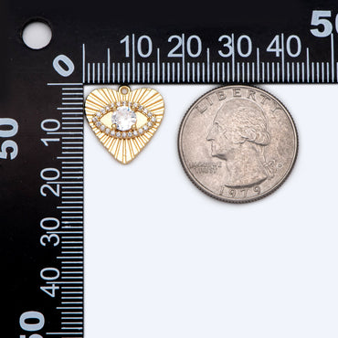 4pcs CZ paved Gold Heart Evil Eye Charm 16mm, Gold Plated Brass Heart Pendant (GB-4085-H)