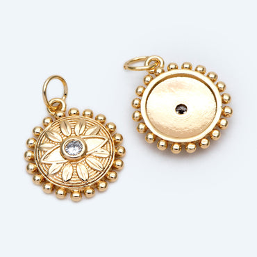 4pcs CZ Pave Gold Flower Evil eye Charms 17x15mm, 18K Gold plated Brass, Disk Evil eye Pendants (GB-4085-D)
