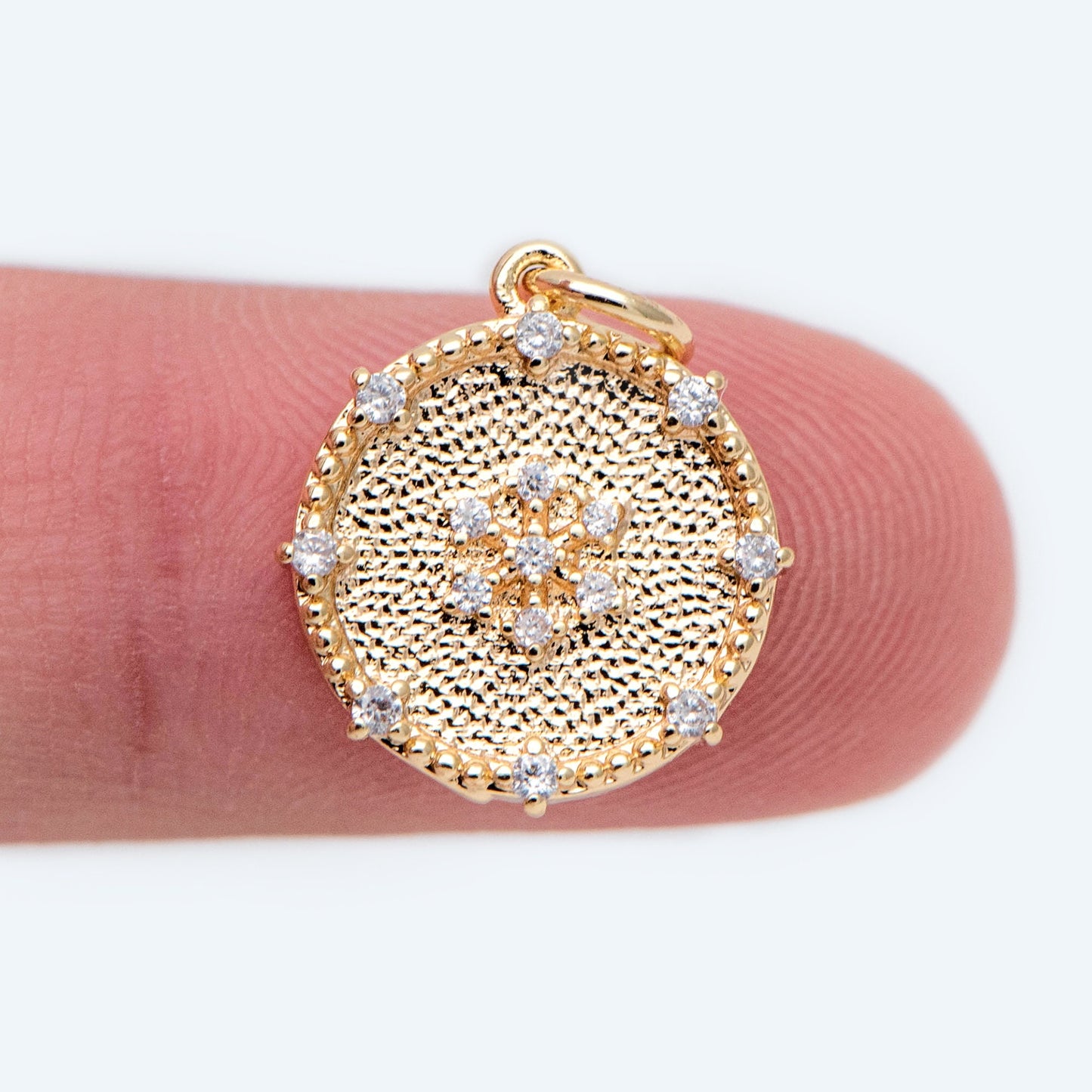4pcs CZ Pave Gold Snowflake Disc Charms 14mm, 18K Gold plated Brass, Disk Pendants (GB-3486-E)