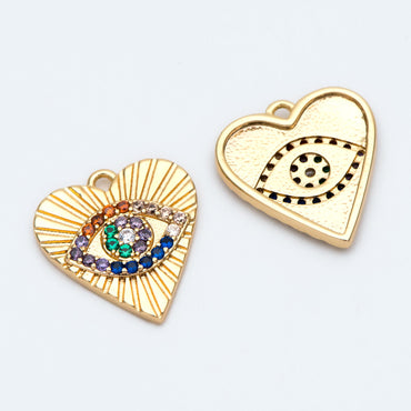 4pcs CZ pave Colourful Gold Heart Evil Eye Charm 15mm, Gold Plated Brass Heart Pendant (GB-4085-E)