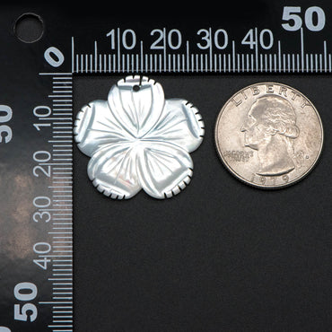 10pcs White Mother of Pearl Flowers 28mm, Carved MOP Shell Floral Charms, Top Drilled Pendants (V1375)