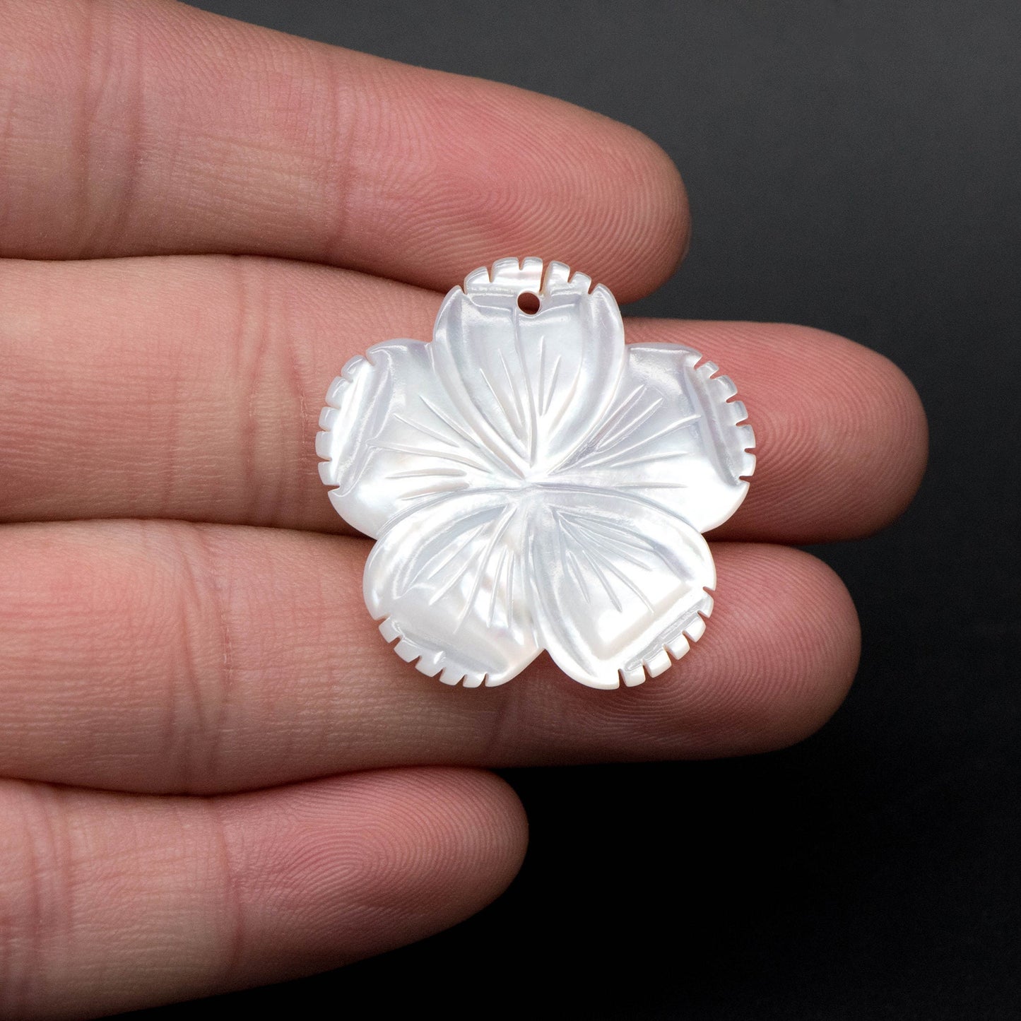 10pcs White Mother of Pearl Flowers 28mm, Carved MOP Shell Floral Charms, Top Drilled Pendants (BK-020)