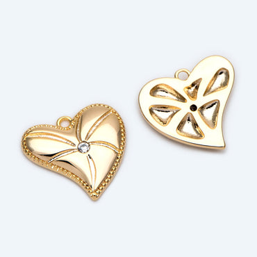 4pcs CZ pave Gold Heart Charms 14x15mm, Gold Plated Brass Heart Pendants (GB-4409-E)