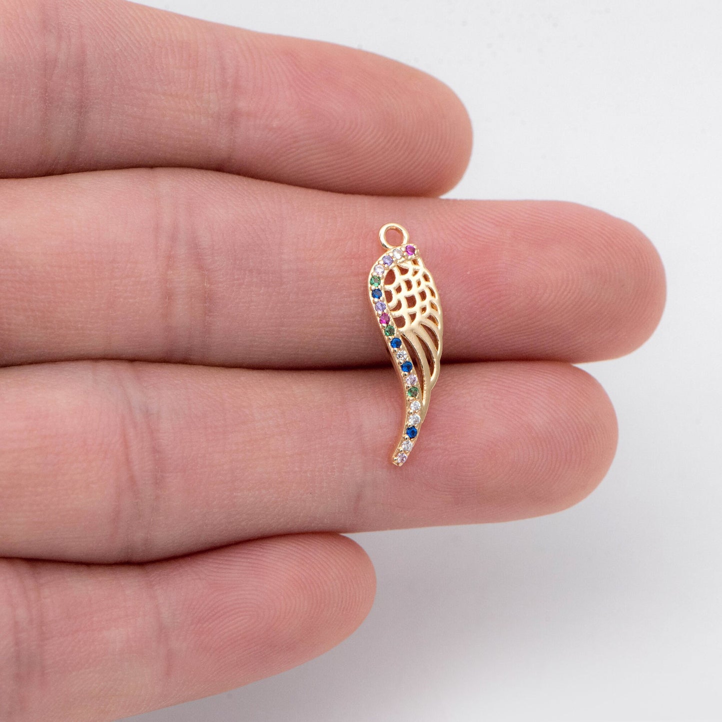 4pcs CZ Pave Gold Wing Charms 22x6mm, Real 18K Gold plated Brass, Wing Pendants for Earring/ Necklaces (GB-1957)