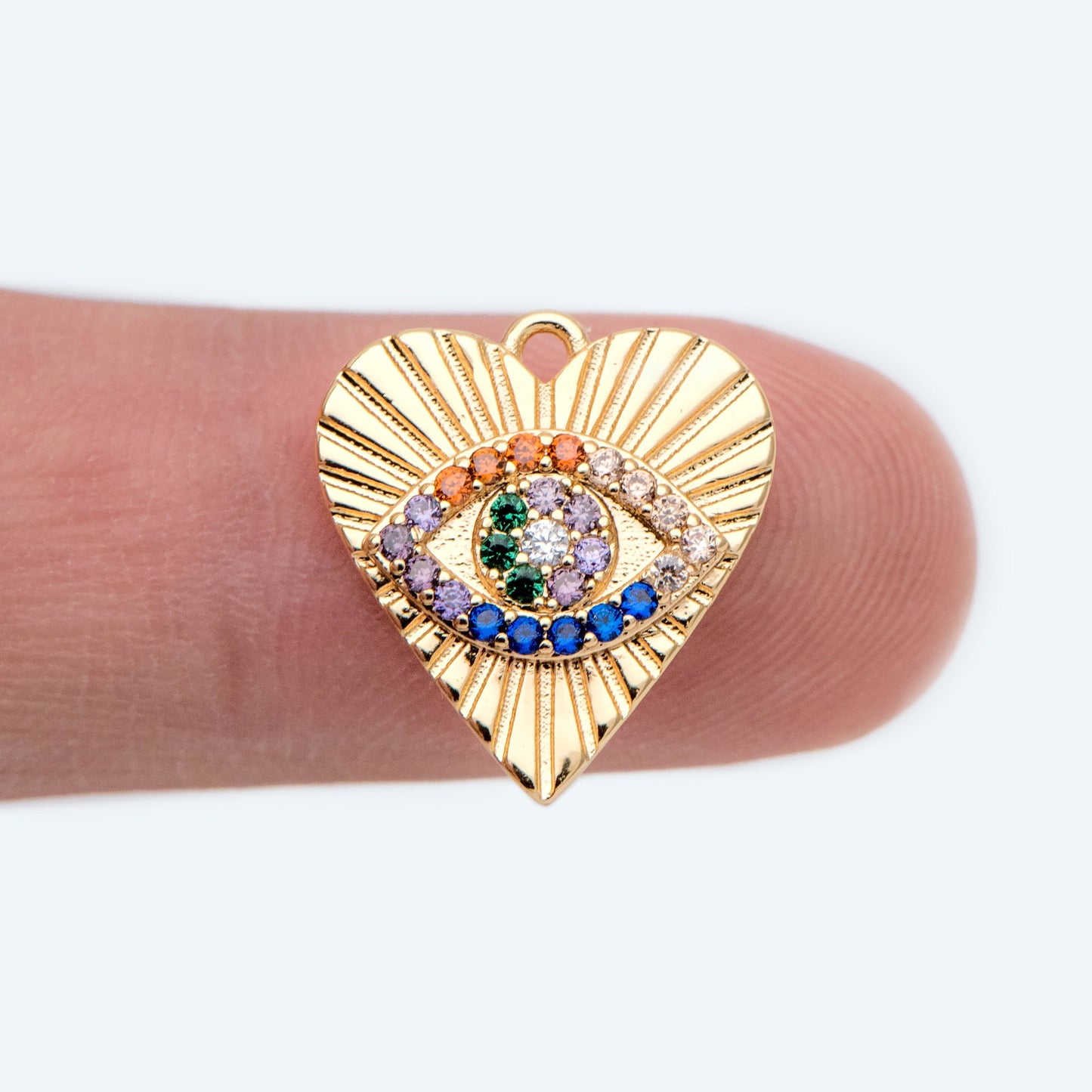 4pcs CZ pave Colourful Gold Heart Evil Eye Charm 15mm, Gold Plated Brass Heart Pendant (GB-4085-E)