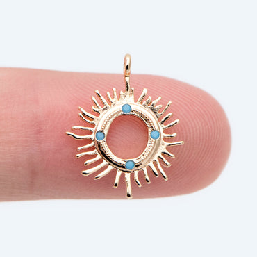 10pcs Gold Plated CZ Pave Sun Charm, Turquoise blue Zircon Charms, CZ Sun Charm (GB-1658-J)