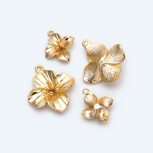 10pcs Gold/ Silver Tone Flower Charms with 2 Loops, 18K Gold/ Rhodium plated Brass, Floral Connectors 10/ 12/ 15mm (GB-1987)