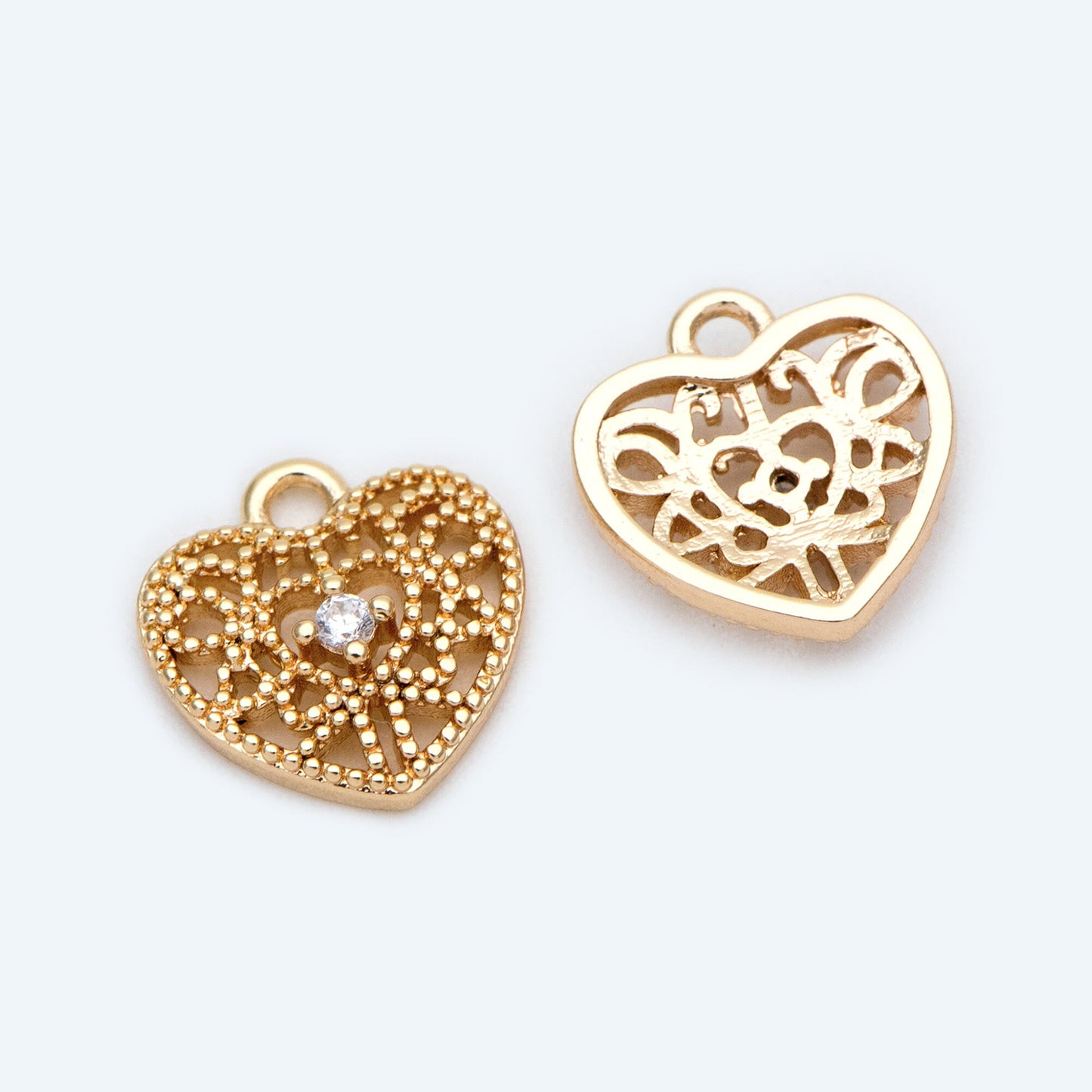8pcs Gold Filigree Heart Charms: 18K Gold Plated Pendants (GB-1998)