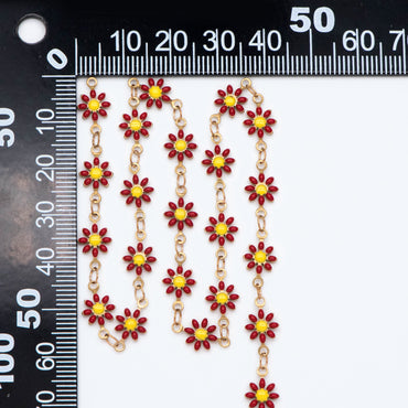 Enamel Flower Chain, Daisy Chain, Unplated Raw Brass Designer Chain 6mm, Floral Link Chain Findings, Red (#LK-461-2)/ 1 Meter=3.3ft