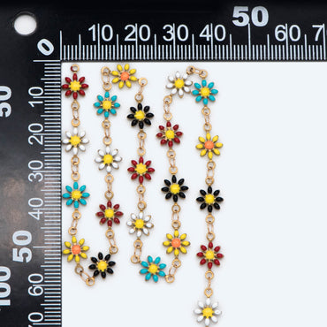 Enamel Flower Chain, Daisy Chain, Unplated Raw Brass Designer Chain 6mm, Floral Link Chain Findings, MIX Color (#LK-461-4)/ 1 Meter=3.3ft