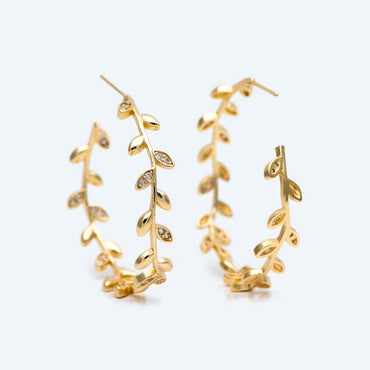 4pcs CZ Paved Dainty Gold Leaf Hoop Earrings, Gold Hoop Earring, 42mm Circle Leaf Earring (GB-2019)