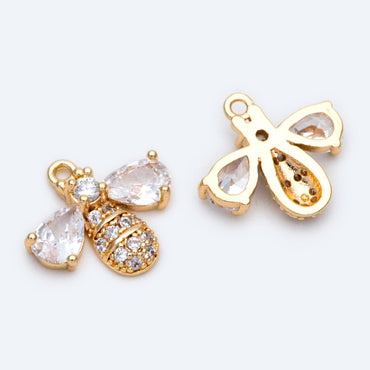 10pcs CZ Pave Bee Charm 13x14mm, 18K Gold Plated Brass, Bee Pendants (GB-3093-C)