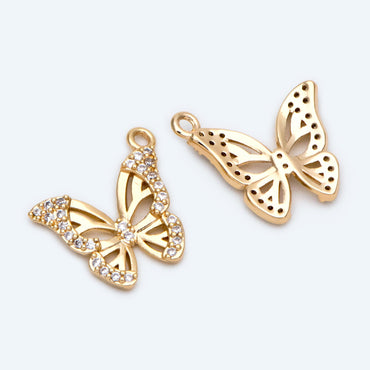 4pcs Gold plated Brass Hollow Butterfly Charms, CZ pave Butterfly Filigree Pendants (GB-3561-O)