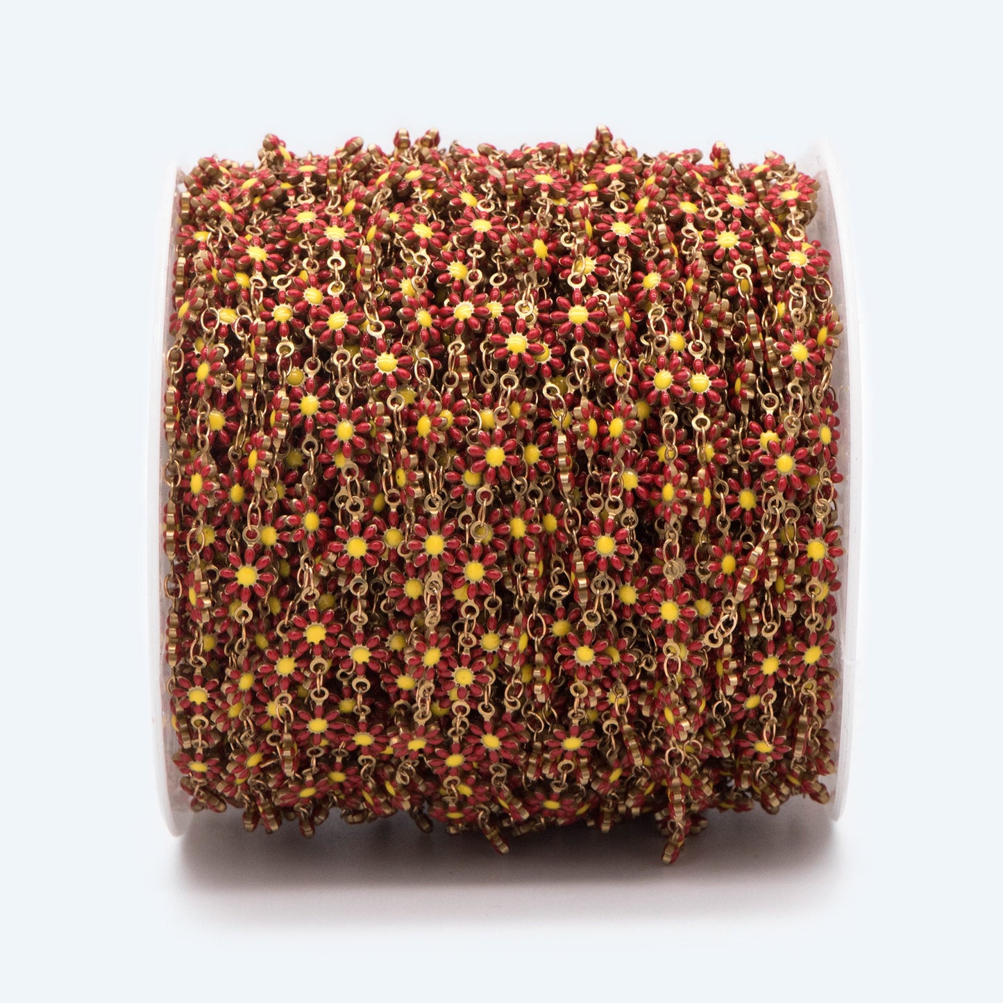 Enamel Flower Chain, Daisy Chain, Unplated Raw Brass Designer Chain 6mm, Floral Link Chain Findings, Red (#LK-461-2)/ 1 Meter=3.3ft